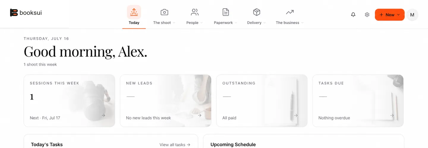 Booksui studio dashboard showing sessions, leads, tasks, and schedule