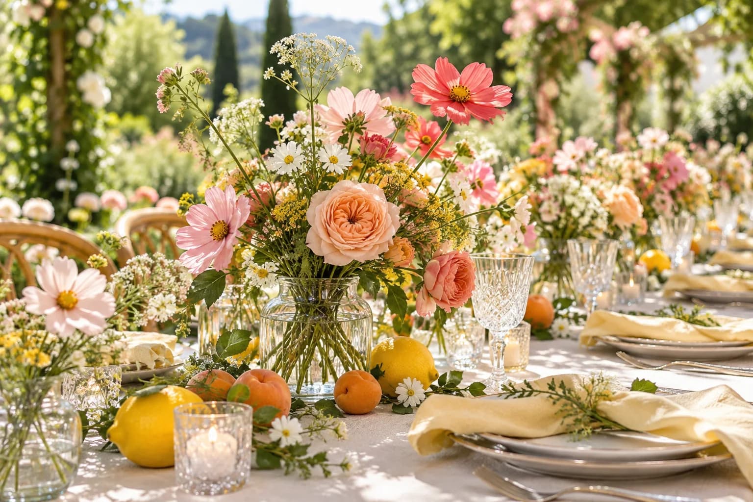 Colorful flowers and citrus on a sunlit garden reception table