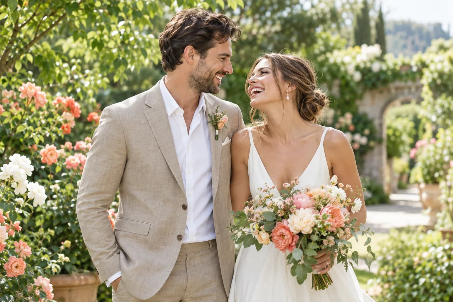 A newlywed couple laughing together in a sunlit garden