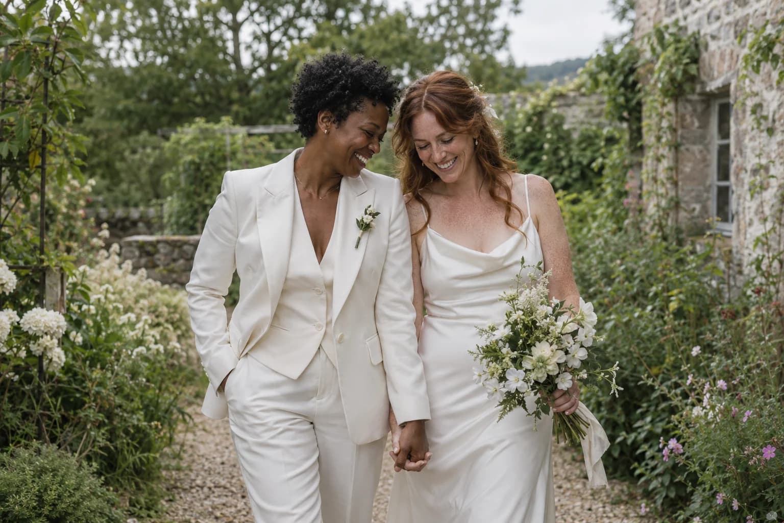 Two brides laughing together as they walk through a garden after their wedding ceremony