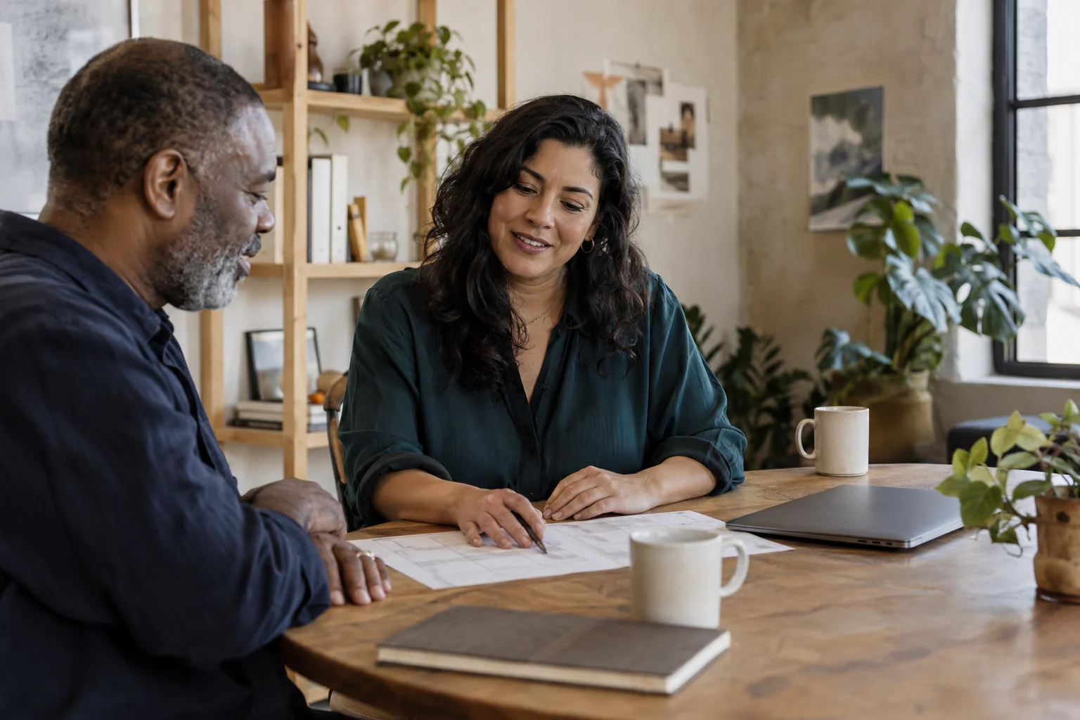 A creative business owner and her client discussing a project schedule at a studio table