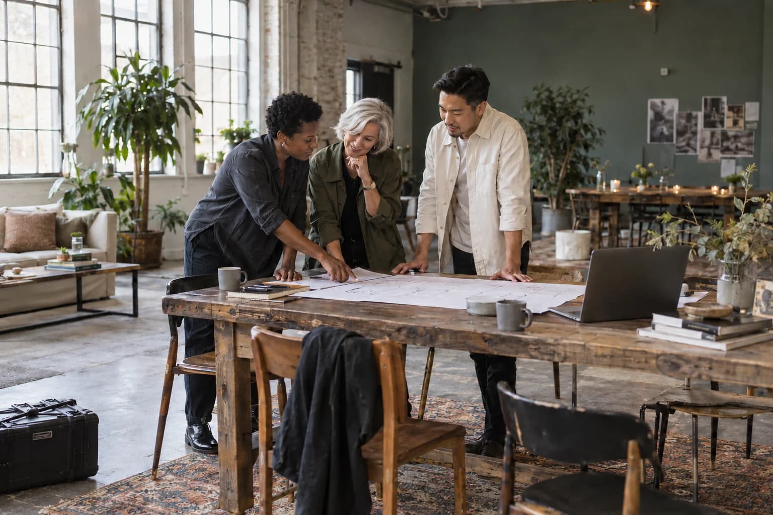 Three creative business owners reviewing an event floor plan together in a daylight workspace
