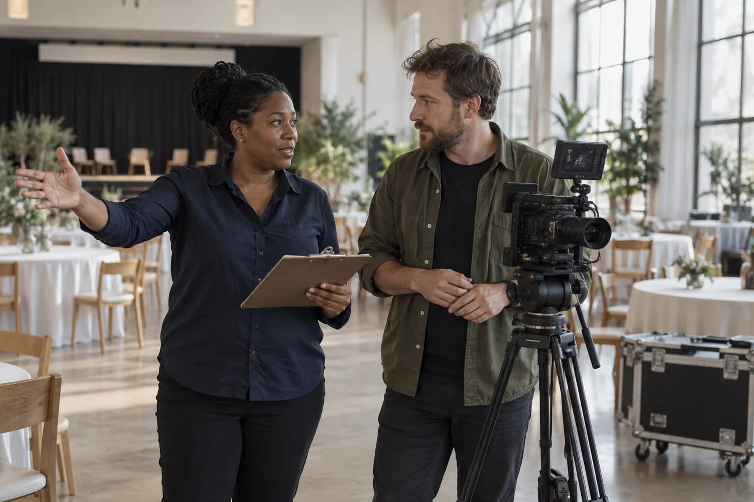 An event coordinator and filmmaker reviewing preparations together at a venue