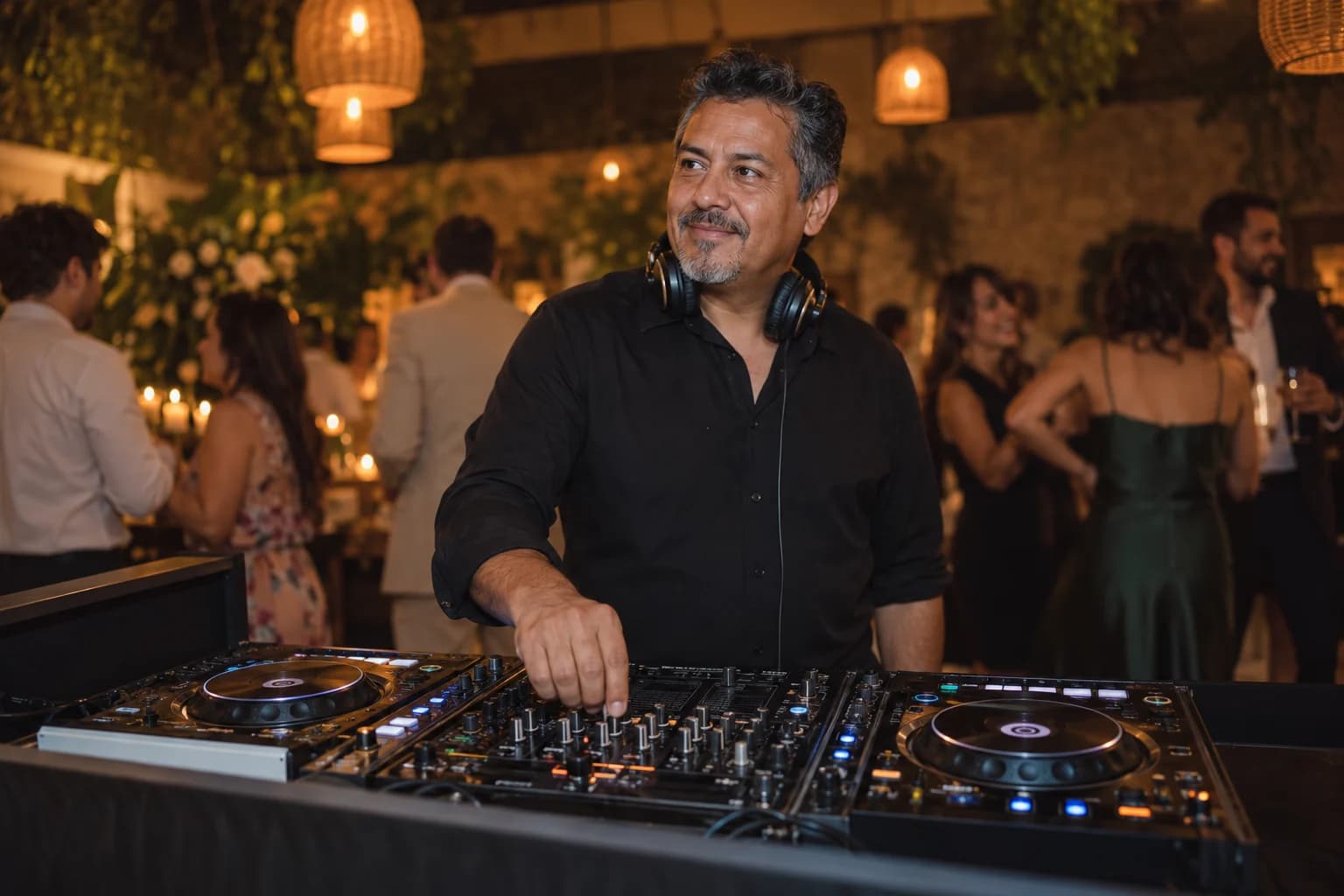 A DJ with headphones around his neck working a mixing console at an evening reception