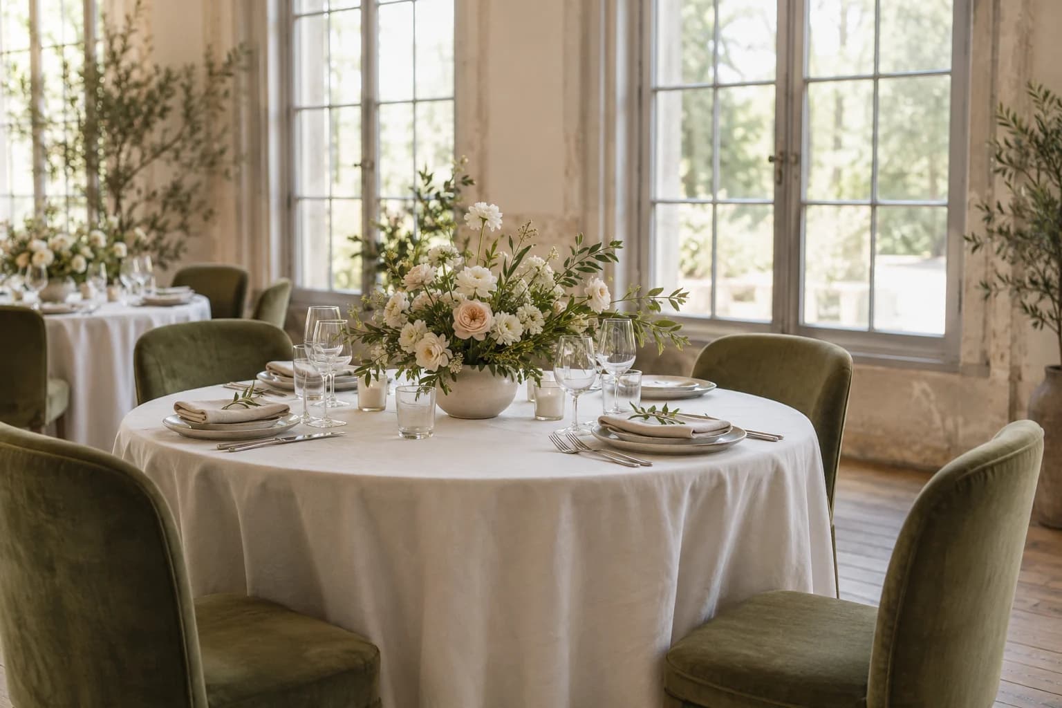 An event reception table with seasonal flowers, ivory linen and green chairs in a daylight venue