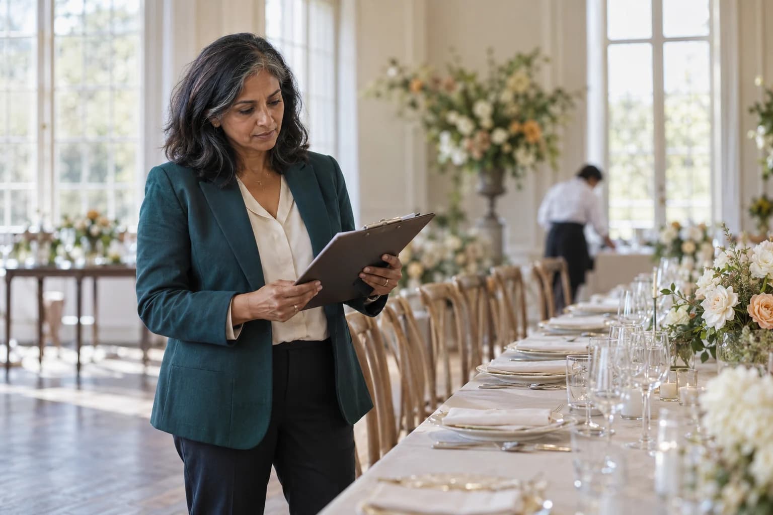 An event planner reviewing her clipboard beside a carefully arranged reception table