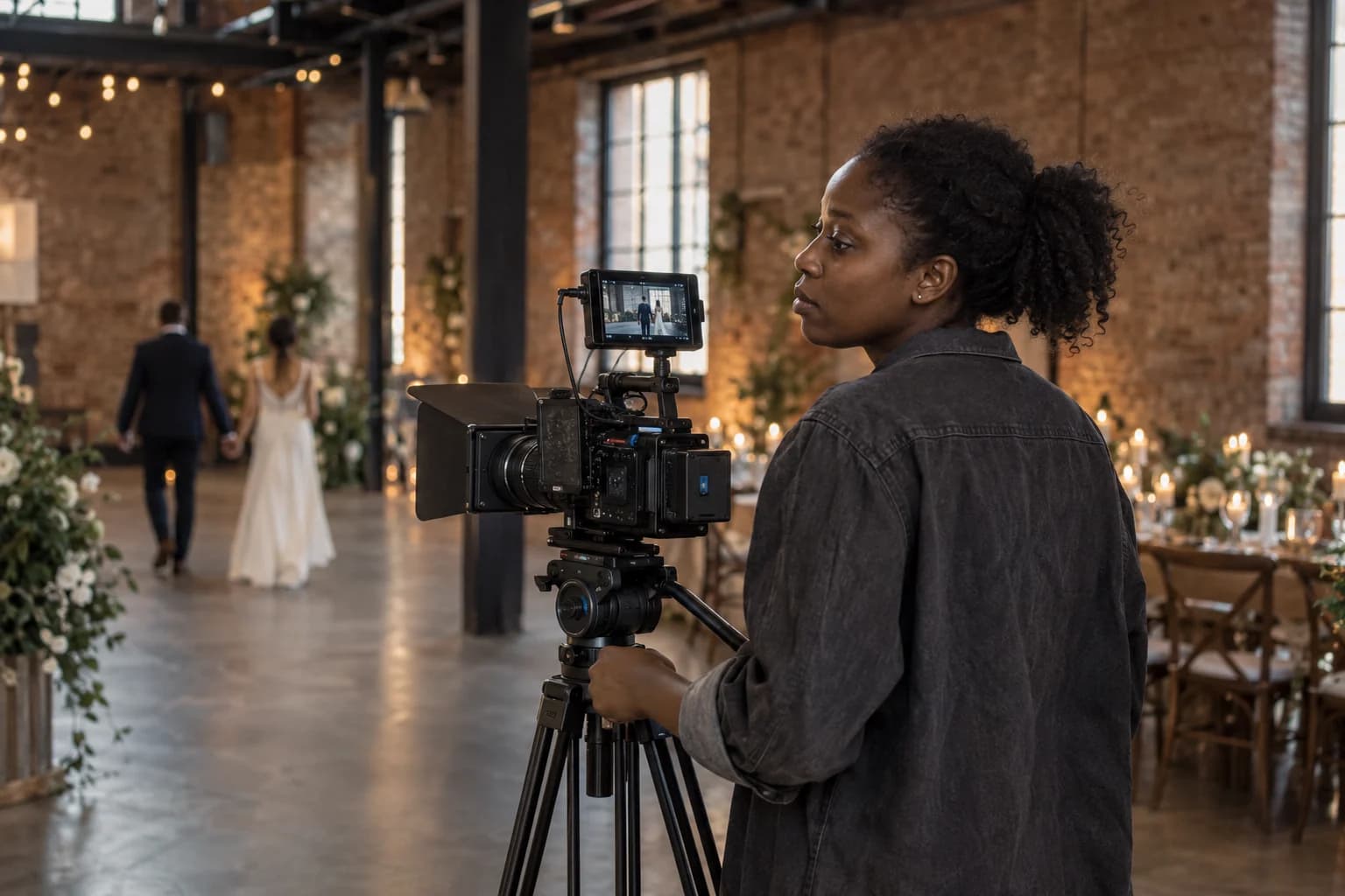 A filmmaker working beside a cinema camera and monitor on a tripod at an event venue