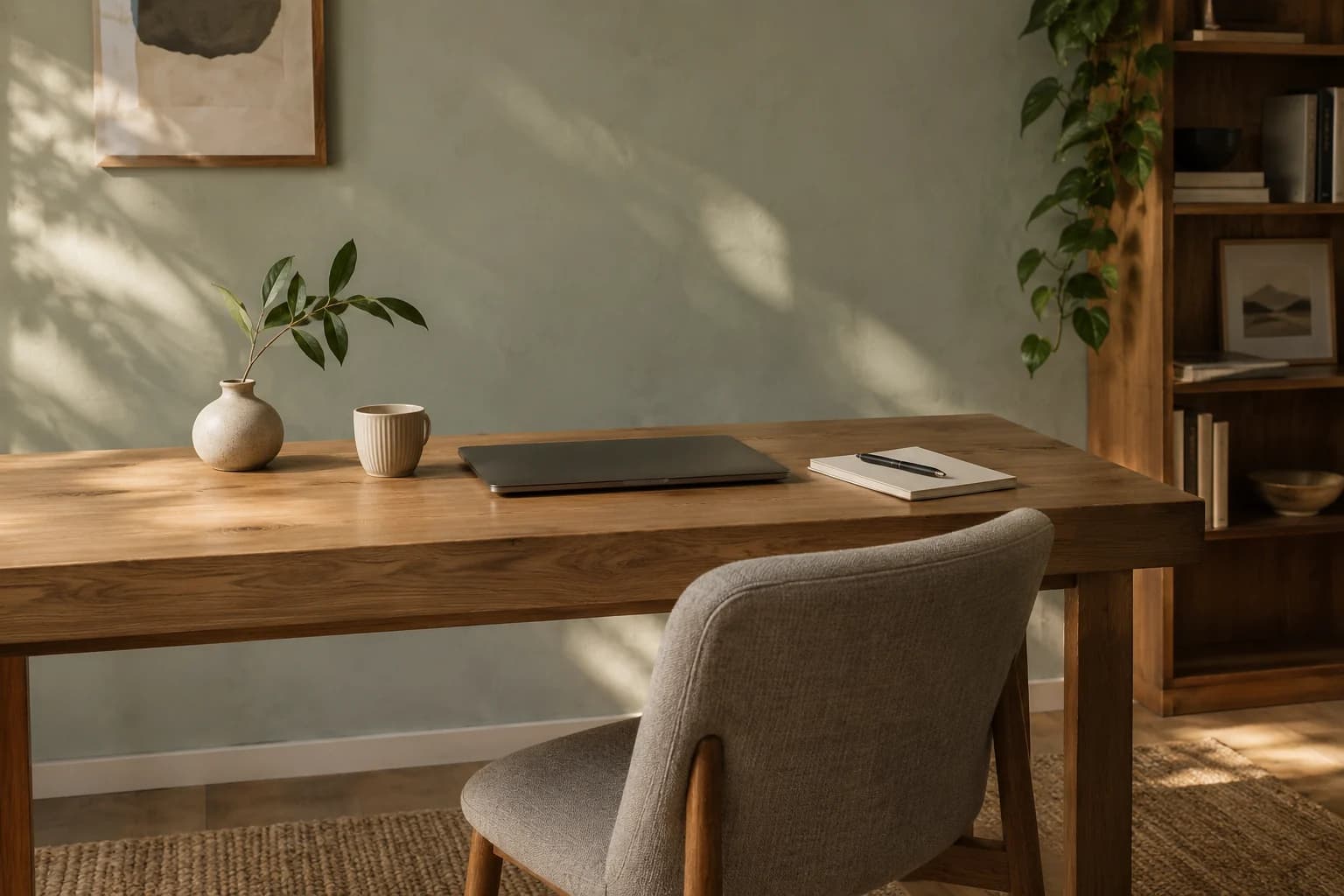 A sunlit professional workspace with a laptop, notebook and ceramic cup on an oak desk