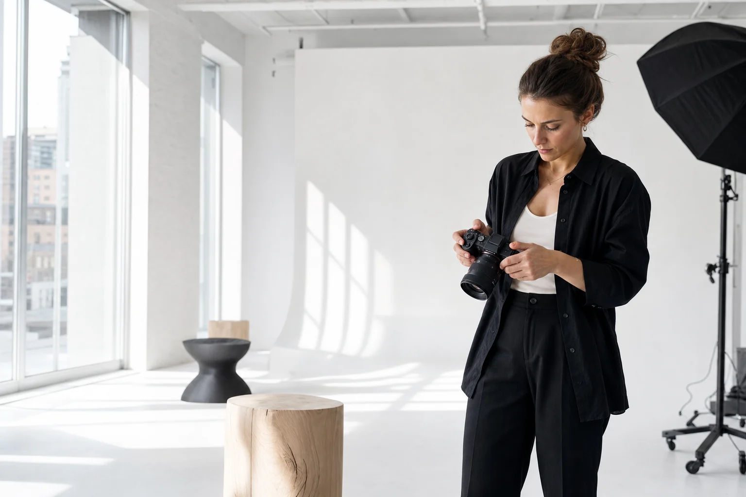 A professional photographer preparing her camera in a bright daylight studio